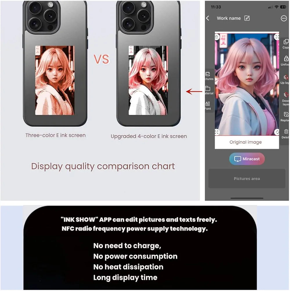 KSOPUERT Capa protetora de telefone inteligente com tela de tinta eletrónica melhorada de 4 cores para iPhone 16 Pro Max, tela de imagem DIY na capa do telefone, transmissão NFC