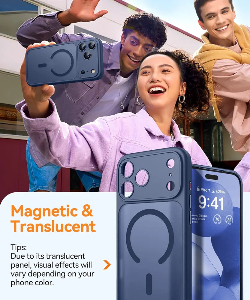 CANSHN Funda Magnética para iPhone 17 Pro MAX , Compatible con MagSafe, [Protección Total de La Cámara] Carcasa Fondo Mate Translúcido,Azul Oscuro