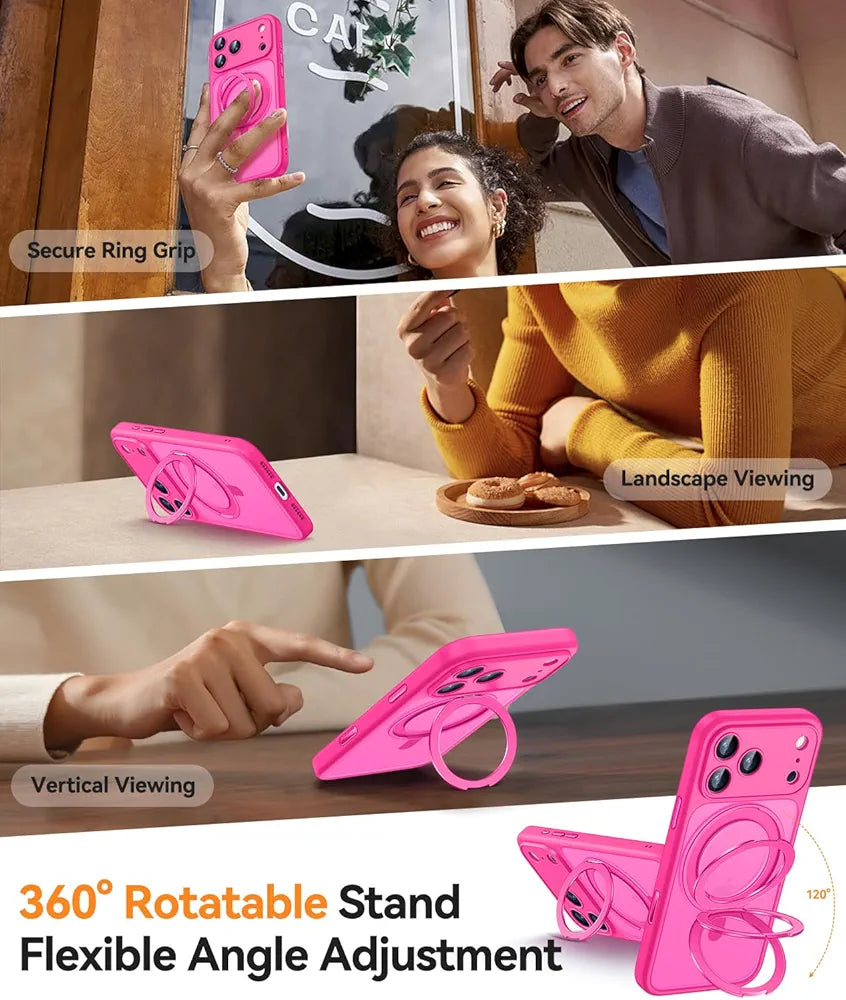 CANSHN Funda Magnética para iPhone 17 Pro MAX, con 360° Rotación Soporte, [Camera Control] Compatible con MagSafe, [Protección Total de La Cámara] Carcasa Fondo Mate Translúcido, Rosa Vivo