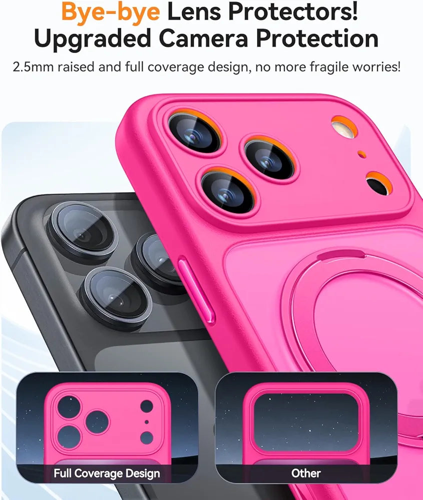 CANSHN Funda Magnética para iPhone 17 Pro MAX, con 360° Rotación Soporte, [Camera Control] Compatible con MagSafe, [Protección Total de La Cámara] Carcasa Fondo Mate Translúcido, Rosa Vivo
