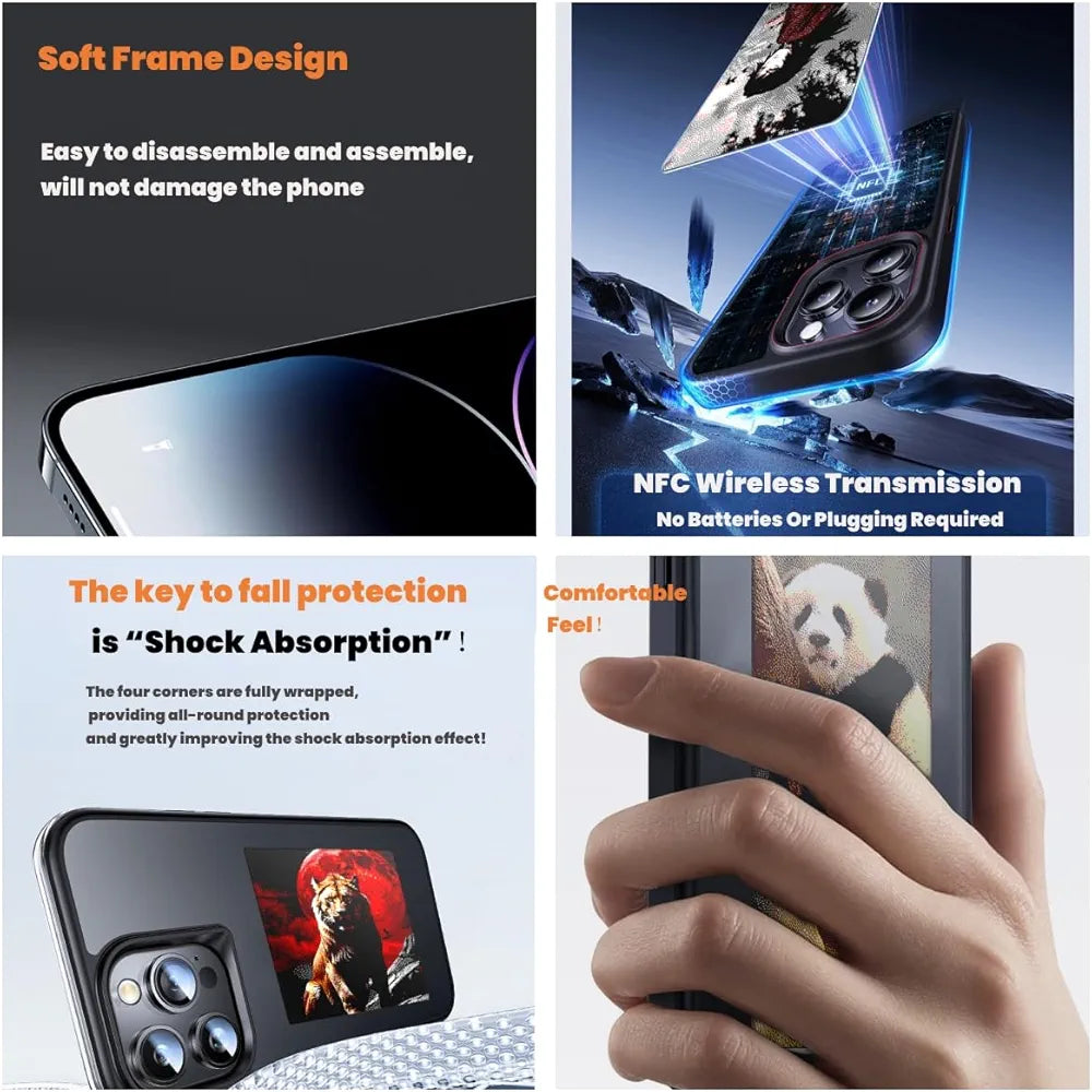 KSOPUERT Capa protetora de telefone inteligente com tela de tinta eletrónica melhorada de 4 cores para iPhone 16 Pro Max, tela de imagem DIY na capa do telefone, transmissão NFC