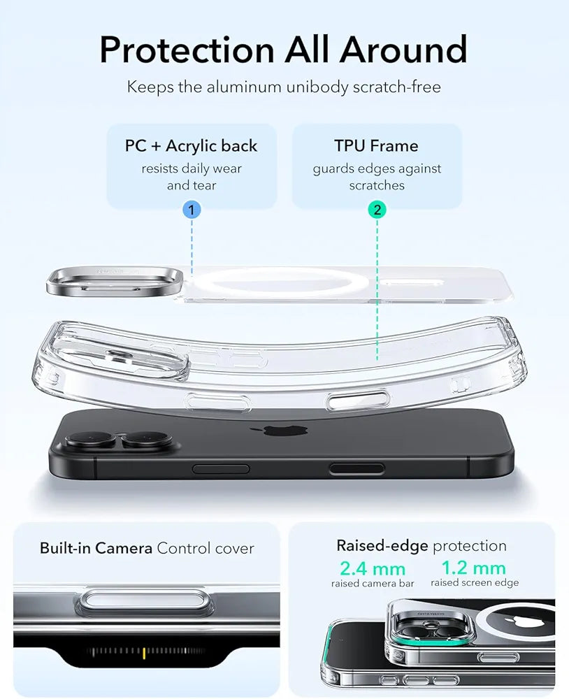 ESR Funda para iPhone 17, Compatible MagSafe, Control de Cámara, Case con Soporte Oculto Integrado, Protectora Grado Militar, Resistente a Arañazos, Serie Classic, Transparente