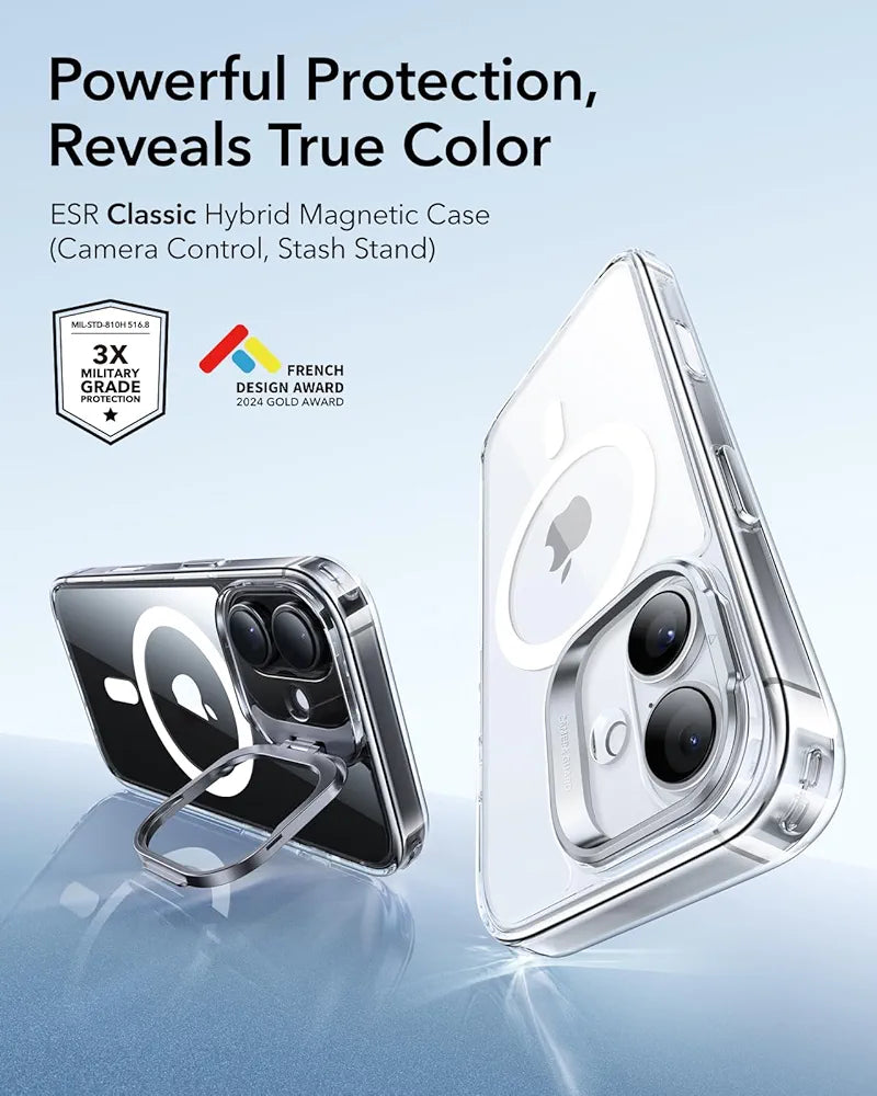 ESR Funda para iPhone 17, Compatible MagSafe, Control de Cámara, Case con Soporte Oculto Integrado, Protectora Grado Militar, Resistente a Arañazos, Serie Classic, Transparente