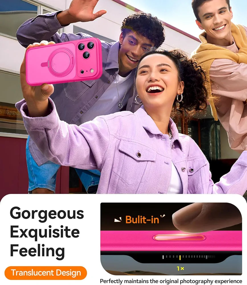 CANSHN Funda Magnética para iPhone 17 Pro MAX, con 360° Rotación Soporte, [Camera Control] Compatible con MagSafe, [Protección Total de La Cámara] Carcasa Fondo Mate Translúcido, Rosa Vivo