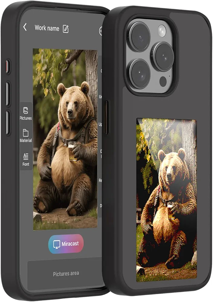 KSOPUERT Capa protetora de telefone inteligente com tela de tinta eletrónica melhorada de 4 cores para iPhone 16 Pro Max, tela de imagem DIY na capa do telefone, transmissão NFC