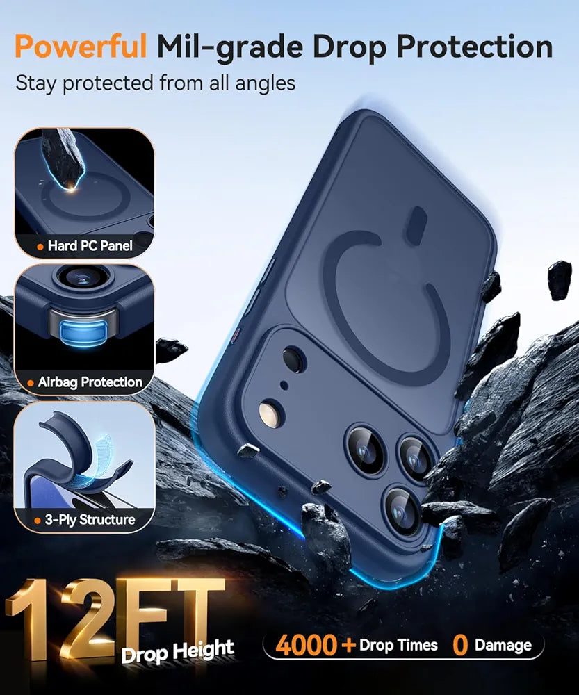 CANSHN Funda Magnética para iPhone 17 Pro MAX , Compatible con MagSafe, [Protección Total de La Cámara] Carcasa Fondo Mate Translúcido,Azul Oscuro