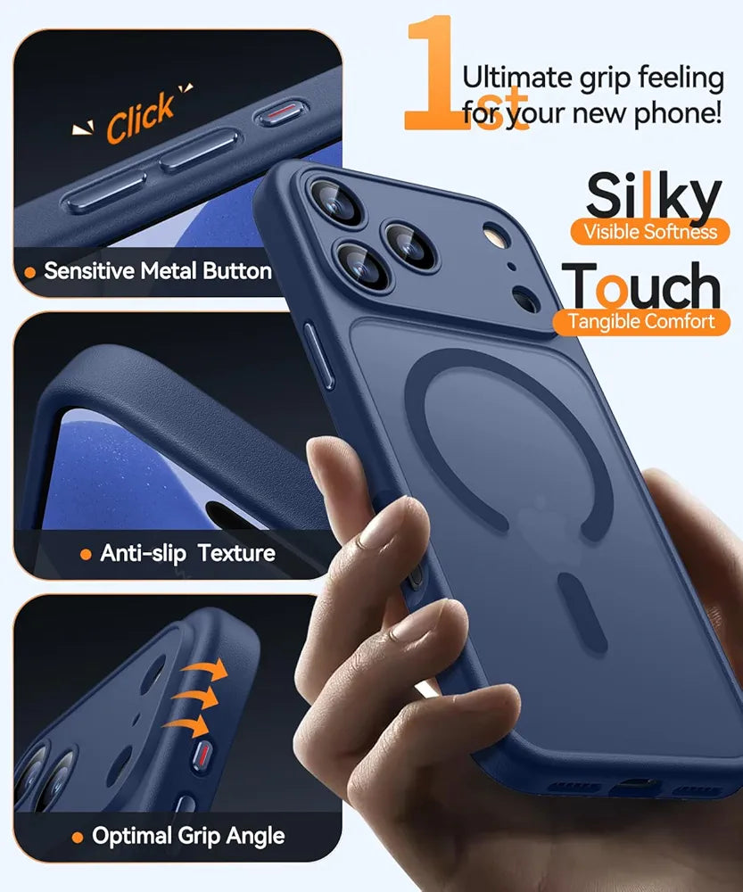 CANSHN Funda Magnética para iPhone 17 Pro MAX , Compatible con MagSafe, [Protección Total de La Cámara] Carcasa Fondo Mate Translúcido,Azul Oscuro